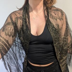 Vintage Fringe Triangle Shawl Black & Gold Lace Metallic Boho Stevie Nicks Witch